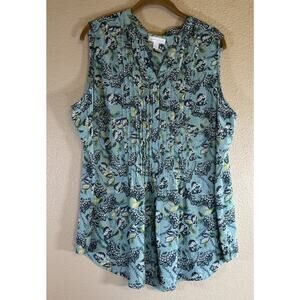 Charter Club Club 2X Pintuck Button Down Sleeveless Green Floral Paisley Blouse